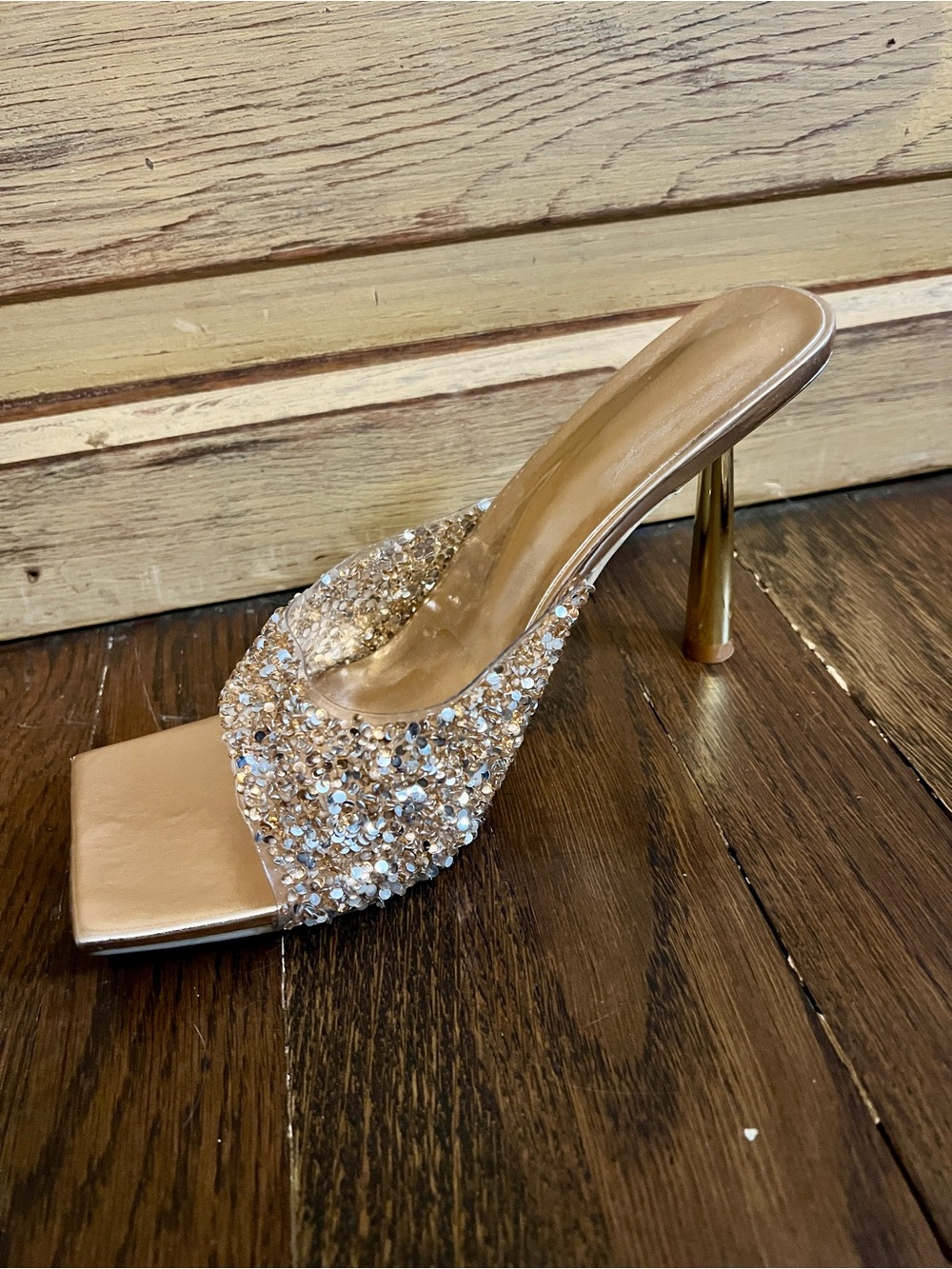 Champagne Rhinestone Mule Heels | Crystal Square Toe Slide Sandals | Size 8